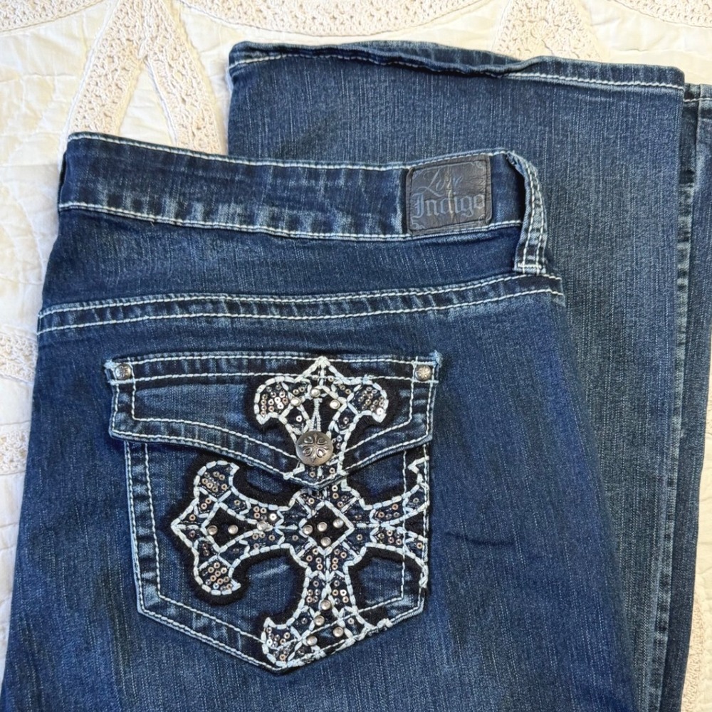 Love Indigo Bootcut Jeans Blue Rhinestone Cross Embellished Womens 22